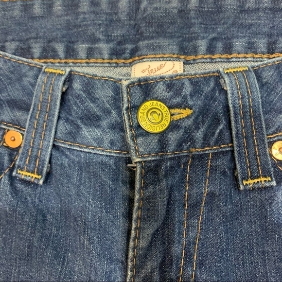 True Religion Joey Flare Medium Wash Denim Jeans Mid Rise Raw Hem Sz 30 - Picture 10 of 10